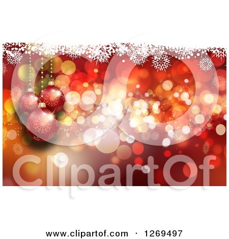Clipart of a Red Christmas Background with 3d Suspended Baubles over Bokeh with White Snowflakes - Royalty Free Illustration by KJ Pargeter