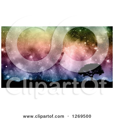 Clipart of a 3d Silhouetted Tree and Hills Against a Colorful Nebula Starry Sky - Royalty Free Illustration by KJ Pargeter