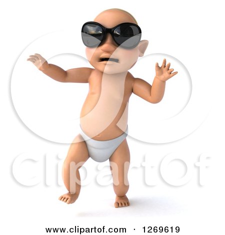 Clipart of a 3d Bald White Baby Boy Walking and Wearing Sunglasses - Royalty Free Illustration by Julos