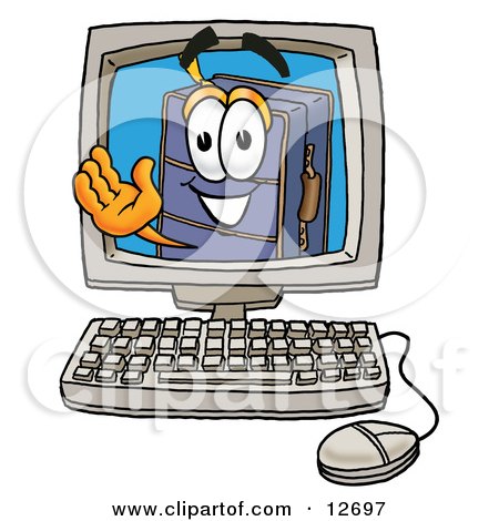Clipart Picture of a Suitcase Cartoon Character Waving From Inside a Computer Screen by Mascot Junction