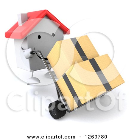 Clipart of a 3d Happy White House Character Moving Boxes on a Dolly - Royalty Free Illustration by Julos