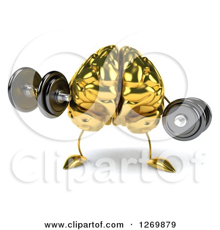 Clipart of a 3d Gold Brain Character Working out with Dumbbells - Royalty Free Illustration by Julos