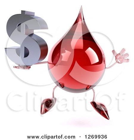 Clipart of a 3d Hot Water or Blood Drop Mascot Jumping and Holding a Dollar Symbol - Royalty Free Illustration by Julos