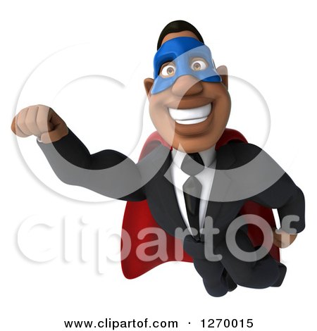 Clipart of a 3d Handsome Black Businessman Super Hero Flying - Royalty Free Illustration by Julos