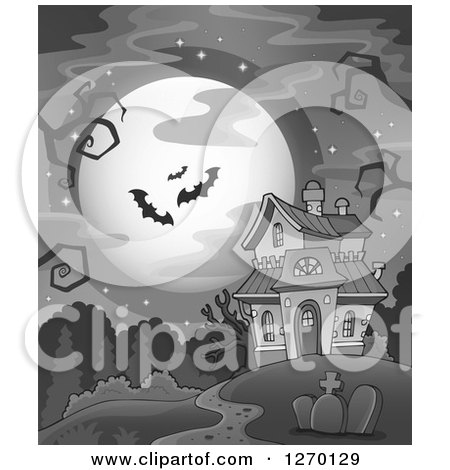 Clipart of a Grayscale Full Moon and Vampire Bats with Bare Tree Branches over a Haunted House and Cemetery - Royalty Free Vector Illustration by visekart
