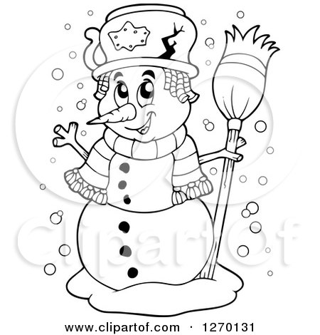 Clipart of a Black and White Waving Snowman with a Broom and Broken Pot Hat - Royalty Free Vector Illustration by visekart