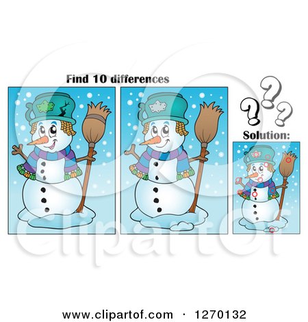 Clipart of a Snowman Find 10 Differences Game and Solution - Royalty Free Vector Illustration by visekart