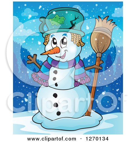 Clipart of a Happy Waving Snowman with a Broom and Broken Pot Hat at Dusk - Royalty Free Vector Illustration by visekart