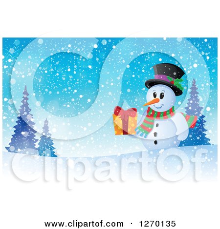 Clipart of a Snowman Holding a Gift on a Snowy Winter Hill - Royalty Free Vector Illustration by visekart