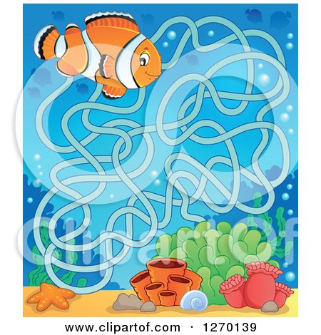 Clipart of a Clownfish and Coral Maze Game - Royalty Free Vector Illustration by visekart