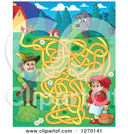 Clipart of a Little Red Riding Hood and Wolf Maze Game - Royalty Free Vector Illustration by visekart