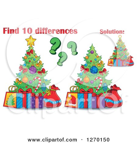 Clipart of a Christmas Tree Find 10 Differences Game and Solution - Royalty Free Vector Illustration by visekart