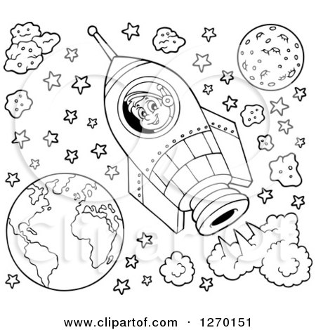 Clipart of a Black and White Happy Astronaut Flying in a Rocket with Stars and Planets - Royalty Free Vector Illustration by visekart