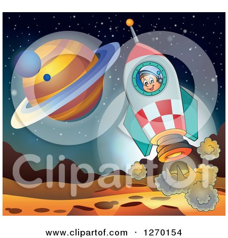 Clipart of a Happy Astronaut Flying in a Rocket over a Foreign Planet| Royalty Free Vector Illustration by visekart