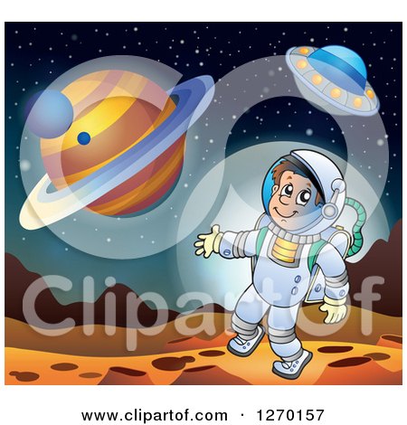 Clipart of a Happy Astronaut Doing a Space Walk over a Planet with a Ufo - Royalty Free Vector Illustration by visekart