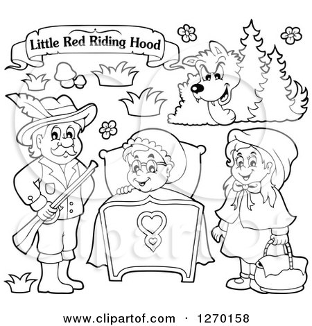 Clipart of a Black and White Little Red Riding Hood Banner and Characters - Royalty Free Vector Illustration by visekart