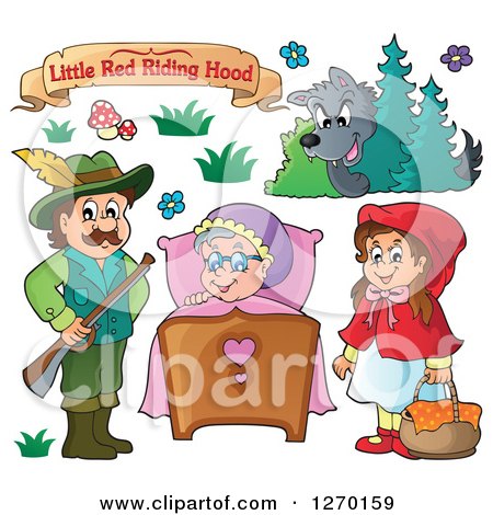 Clipart of a Little Red Riding Hood Banner and Characters - Royalty Free Vector Illustration by visekart