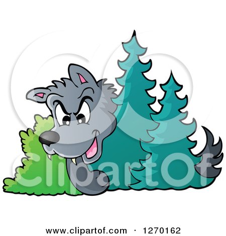 Clipart of a Sneaky Little Red Riding Hood Looking Around Trees - Royalty Free Vector Illustration by visekart