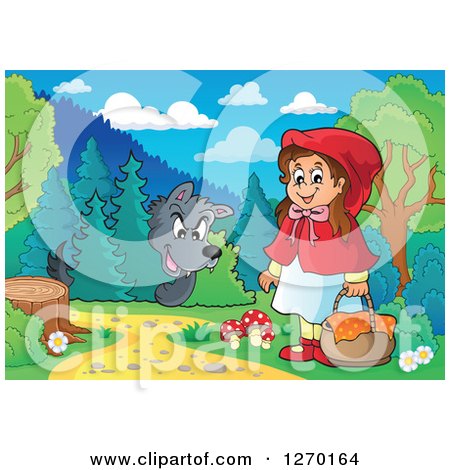 Clipart of a Big Bad Wolf Watching Little Red Riding Hood in the Woods - Royalty Free Vector Illustration by visekart