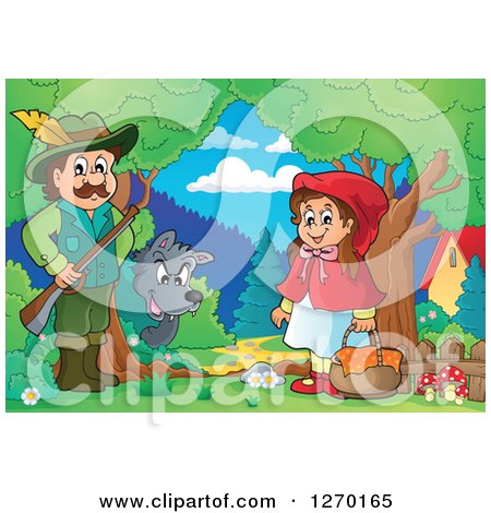Clipart of a Wolf Watching a Man and Little Red Riding Hood in the Woods - Royalty Free Vector Illustration by visekart