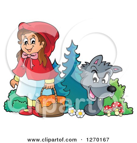 Clipart of a Big Bad Wolf Watching Little Red Riding Hood from Behind a Tree - Royalty Free Vector Illustration by visekart