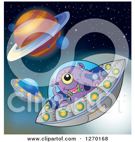 Clipart of a Purple Alien Flying a Ufo in Outer Space - Royalty Free Vector Illustration by visekart