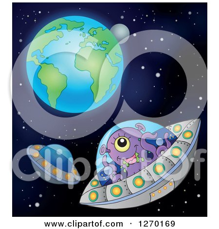 Clipart of a Purple Alien Flying a Ufo with Earth and the Moon in the Distance - Royalty Free Vector Illustration by visekart