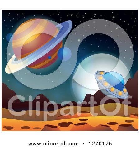 Clipart of a Foreign Planet with a Ufo and Moon - Royalty Free Vector Illustration by visekart