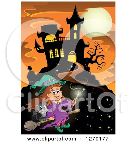 Clipart of a Happy Witch Girl Flying a Broomstick with a Cat by a Haunted House over an Orange Sky with a Full Moon - Royalty Free Vector Illustration by visekart
