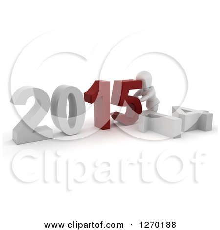 Clipart of a 3d White Character Pushing New Year 2015 Numbers Together over Knocked down 14 - Royalty Free Illustration by KJ Pargeter
