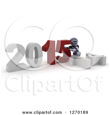 Clipart of a 3d Robot Pushing New Year 2015 Together over a Fallen 14 - Royalty Free Illustration by KJ Pargeter