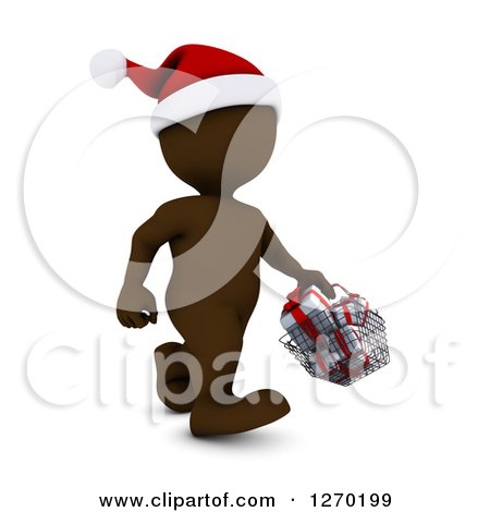 Clipart of a 3d Brown Man Christmas Shopping and Carrying a Basket of Gifts - Royalty Free Illustration by KJ Pargeter
