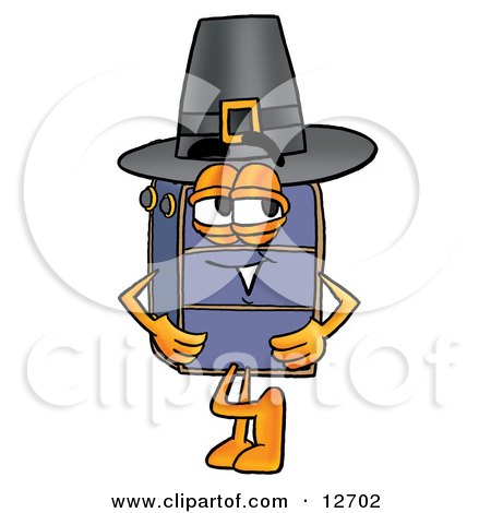 Clipart Picture of a Suitcase Cartoon Character Wearing a Pilgrim Hat on Thanksgiving by Mascot Junction