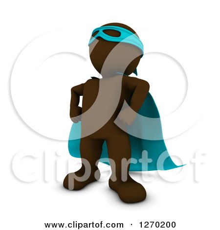 Clipart of a 3d Brown Man Super Hero Standing Tough in a Blue Cape - Royalty Free Illustration by KJ Pargeter