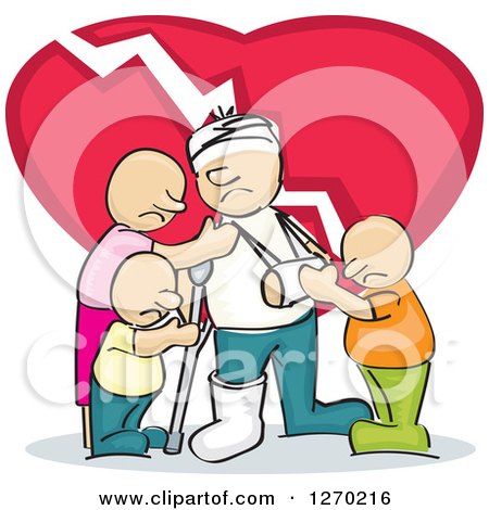 Clipart of a Sketched Injured White Man Surrouneded by His Family and a Broken Heart - Royalty Free Vector Illustration by David Rey