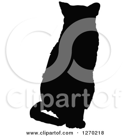 Clipart of a Black Silhouette of a Sitting Cat Facing Front - Royalty Free Vector Illustration by Maria Bell