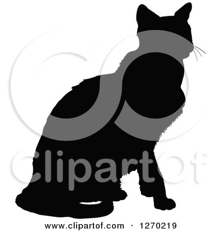 Clipart of a Black Silhouette of a Sitting Cat Facing Right - Royalty Free Vector Illustration by Maria Bell