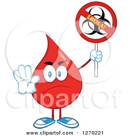 Clipart of a Mad Blood or Hot Water Drop Holding out a Hand and up a No Ebola Biohazard Sign - Royalty Free Vector Illustration by Hit Toon