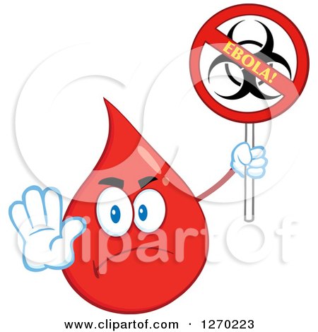 Clipart of a Stern Blood or Hot Water Drop Holding out a Hand and up a No Ebola Biohazard Sign - Royalty Free Vector Illustration by Hit Toon