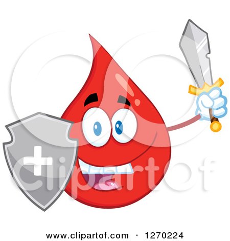 Clipart of a Happy Blood or Hot Water Drop Holding up a Sword and Shield - Royalty Free Vector Illustration by Hit Toon