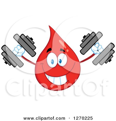 Clipart of a Happy Blood or Hot Water Drop Working out with Dumbbells - Royalty Free Vector Illustration by Hit Toon