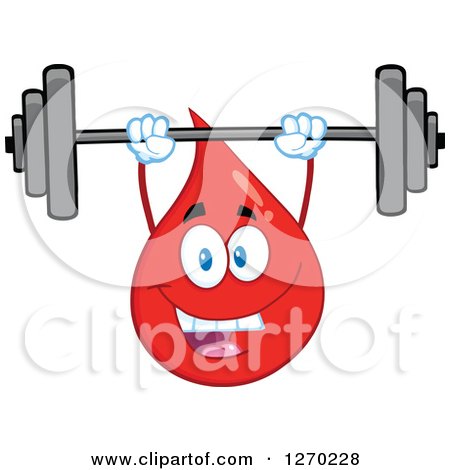 Clipart of a Happy Blood or Hot Water Drop Working out with a Barbell - Royalty Free Vector Illustration by Hit Toon