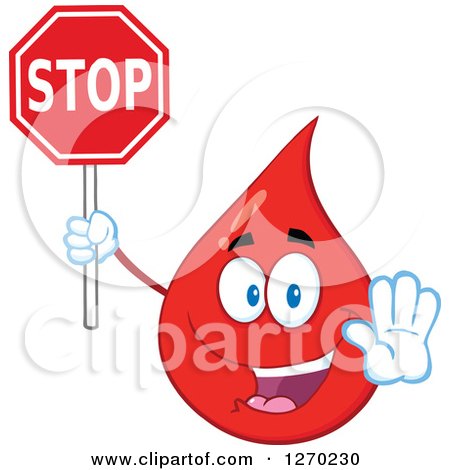 Clipart of a Happy Blood or Hot Water Drop Gesturing and Holding a Stop Sign - Royalty Free Vector Illustration by Hit Toon