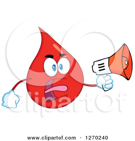 Clipart of a Blood or Hot Water Drop Screaming an Announcement into a Megaphone - Royalty Free Vector Illustration by Hit Toon