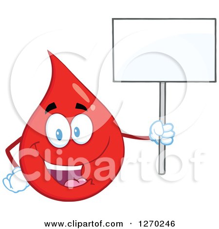Clipart of a Happy Blood or Hot Water Drop Holding up a Blank Sign - Royalty Free Vector Illustration by Hit Toon