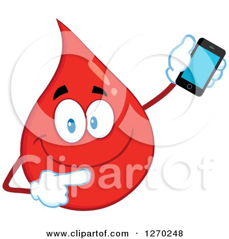 Clipart of a Happy Blood or Hot Water Drop Holding and Pointing to a Cell Phone - Royalty Free Vector Illustration by Hit Toon