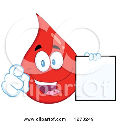 Clipart of a Happy Blood or Hot Water Drop Holding a Blank Sign and Pointing Outwards - Royalty Free Vector Illustration by Hit Toon