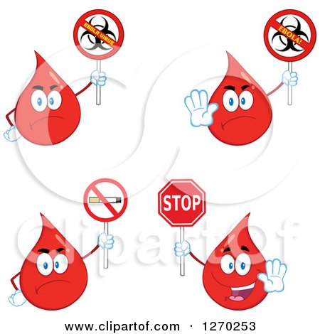 Clipart of Blood or Hot Water Drop Mascots Holding Stop, No Smoking and Ebola Virus Biohazard Signs - Royalty Free Vector Illustration by Hit Toon