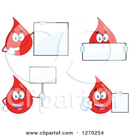 Clipart of Blood or Hot Water Drop Mascots Holding Blank Signs - Royalty Free Vector Illustration by Hit Toon
