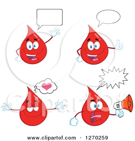 Clipart of Blood or Hot Water Drop Mascots Talking and Announcing - Royalty Free Vector Illustration by Hit Toon